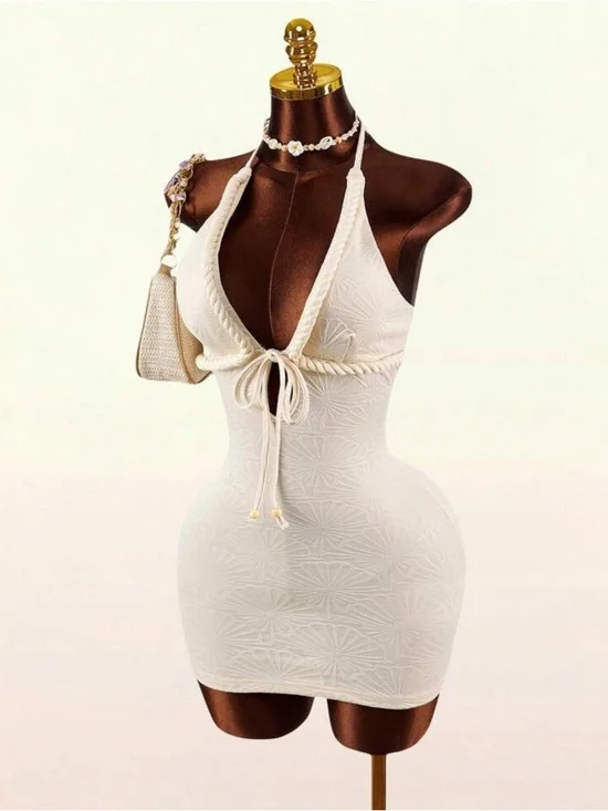 💕 Fashion Nova Cream Halter Rope-Trim Mini Dress 💕 - Picture 3 of 6